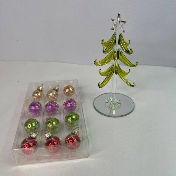 Hand Made Crystal Art Glass Holiday Christmas Trees + 12 Colorful Ornaments - Picture 1 of 10